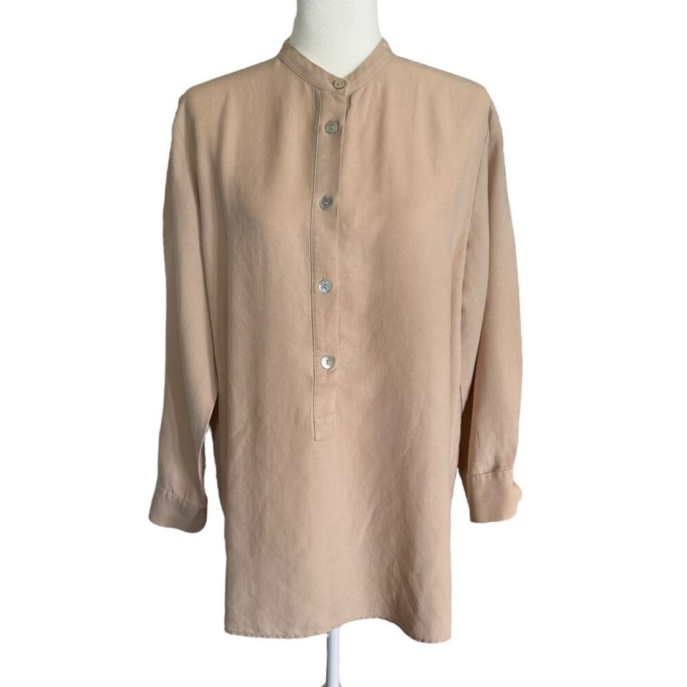 ZARA Tan Lyocell Blend Button-Up Shirt Minimalist Collarless Long Sleeve Blouse